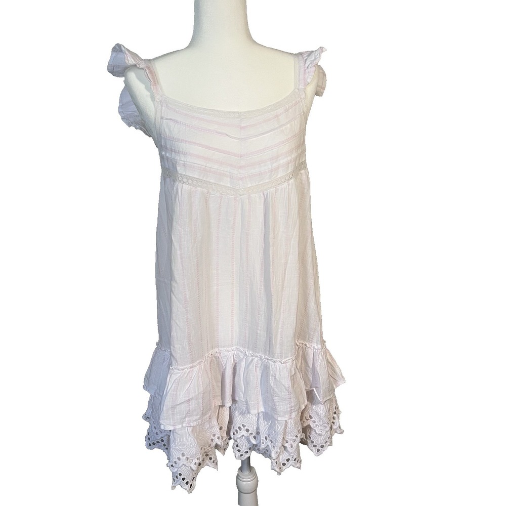 Shabby Chic White Pink‎ Striped Nightgown Square Neck Lace Ruffle Cotton Size M